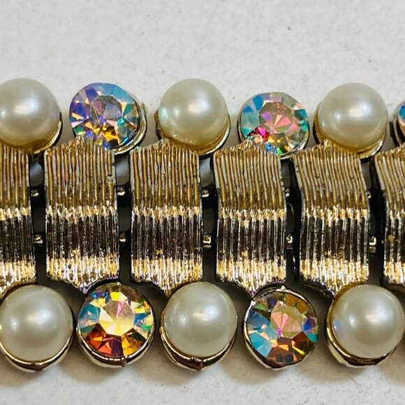 Vintage Coro Aurora Borealis Bracelet Rhinestone Faux Pearl Link Gold Flawed - Picture 5 of 9
